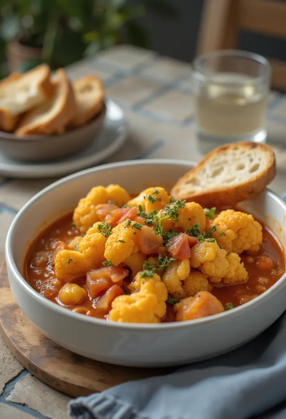 Πικάντικο στιφάδο κουνουπίδι σε ζουμερή σάλτσα ντομάτας, πασπαλισμένο με φρέσκο μαϊντανό.