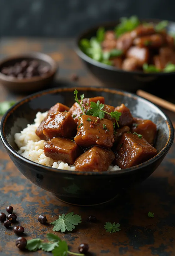 Pork adobo σερβιρισμένο με ρύζι ατμού
