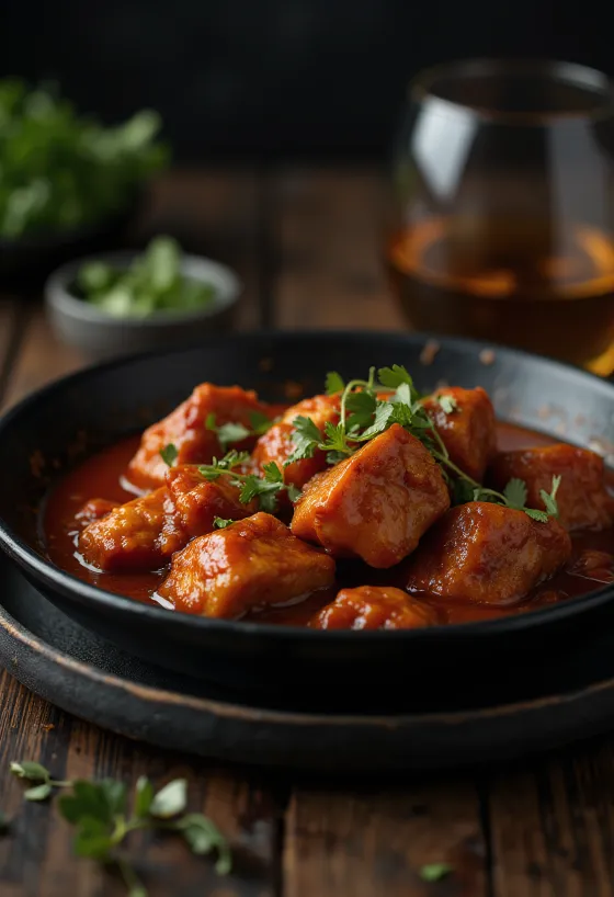 Vindaloo με χοιρινό, σερβιρισμένο σε πικάντικη σάλτσα