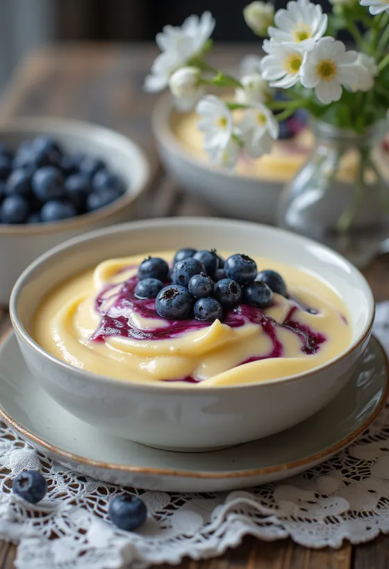 Κρεμώδης σάλτσα βανίλιας αναμεμειγμένη με μύρτιλα