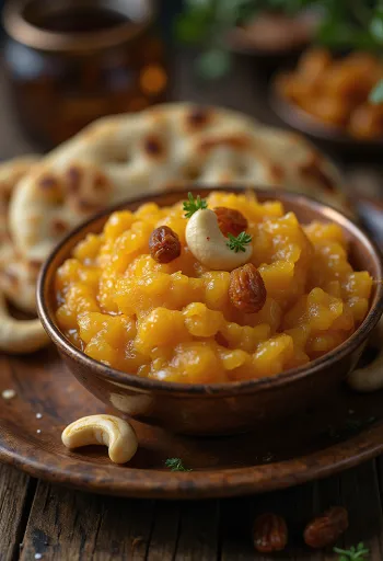 Besan ka Halwa με πλούσιες μπαχαρικές γεύσεις, καβουρδισμένα καρύδια και ροδόνερο.