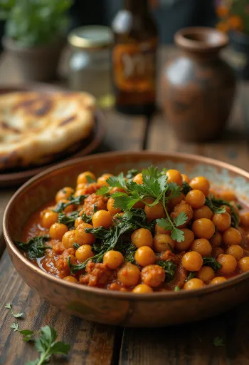 Κόκκινο κάρυ ρεβιθιών chana masala με φρέσκο πράσινο σπανάκι