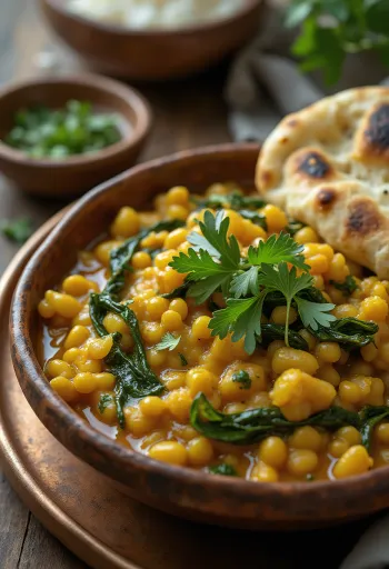 Νταλ Παλάκ με φακές και σπανάκι, σερβιρισμένο με κόλιανδρο