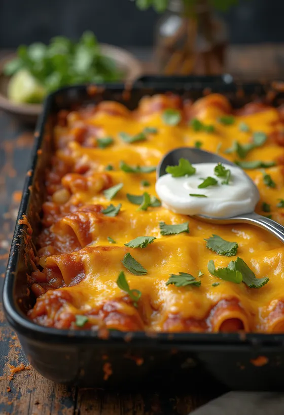Enchilada με φασόλια, σερβιρισμένη με φρέσκο κόλιανδρο, τυρί και σάλτσα enchilada