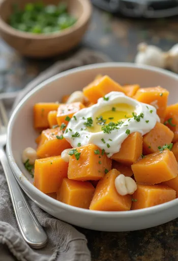 Βραστή γλυκοπατάτα με γιαούρτι σερβιρισμένη με φρέσκο μαϊντανό και γιαούρτι σκόρδου