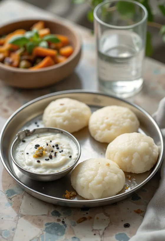 Idli φρεσκοατμισμένο σερβιρισμένο με τσάτνεϊ, διακοσμημένο με φρέσκα λαχανικά