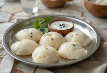 Idli φρεσκοατμισμένο σερβιρισμένο με τσάτνεϊ, διακοσμημένο με φρέσκα λαχανικά