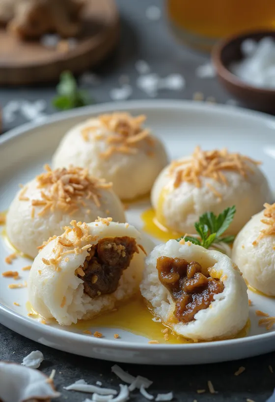 Idli με γλυκιά γέμιση, σερβιρισμένο με γέμιση καρύδας και ζάχαρης