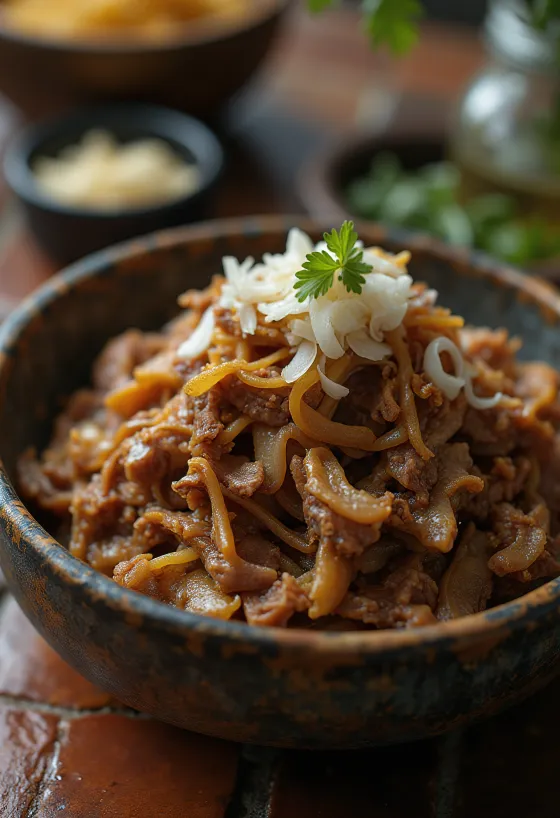 Carne Seca σερβιρισμένο με ρύζι και φρέσκο κόλιανδρο