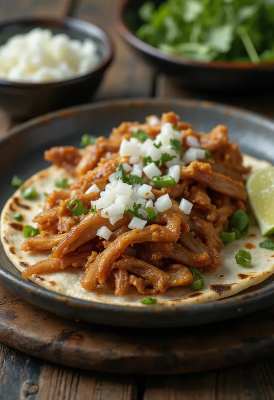 Pork carnitas σερβιρισμένα σε ζεστές τορτίγιες