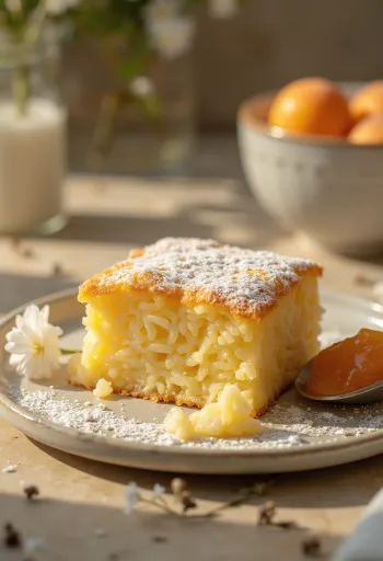 Σουφλέ ρυζιού ψημένο χρυσοκαφέ, πασπαλισμένο με ζάχαρη άχνη και σερβιρισμένο με μαρμελάδα φρούτων