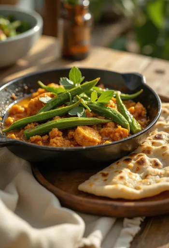 Bhindi Masala Sabzi σε μπολ, διακοσμημένο με φρέσκο κόλιανδρο