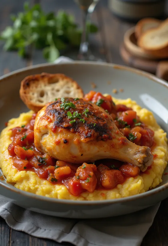 Cacciatore με πολέντα, σάλτσα ντομάτας και φρέσκο βασιλικό