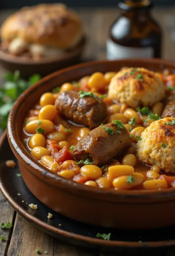 Cassoulet με αρνί, πιάτο κατσαρόλας με φασόλια και λουκάνικο