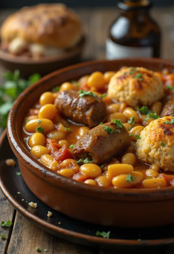 Cassoulet με αρνί, πιάτο κατσαρόλας με φασόλια και λουκάνικο