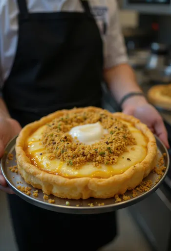 Knafeh Na'ameh, με ψιλοαλεσμένη ζύμη, φέτα και γαρνιρισμένο με φιστίκι Αιγίνης