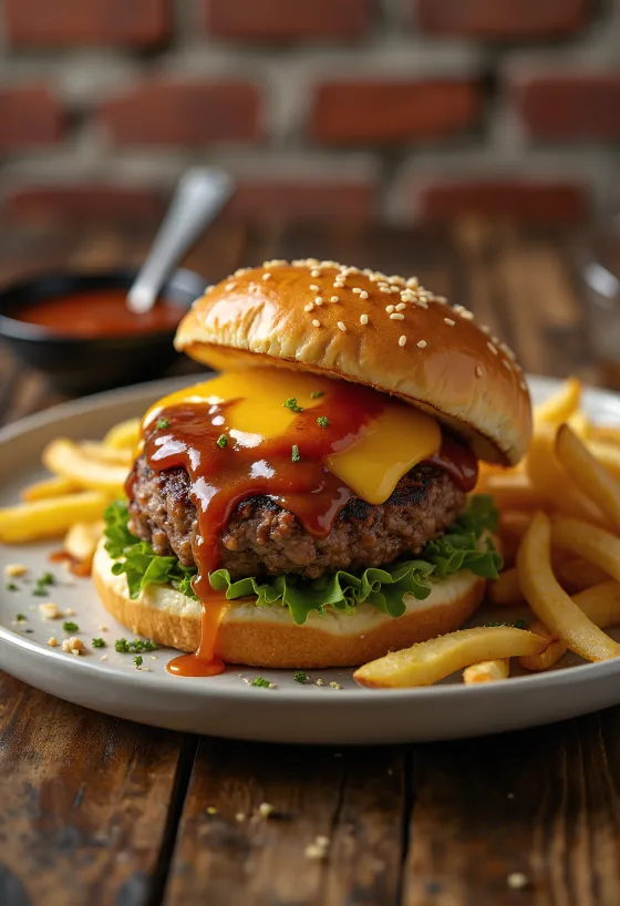 Burger με μέλι & BBQ σερβιρισμένο