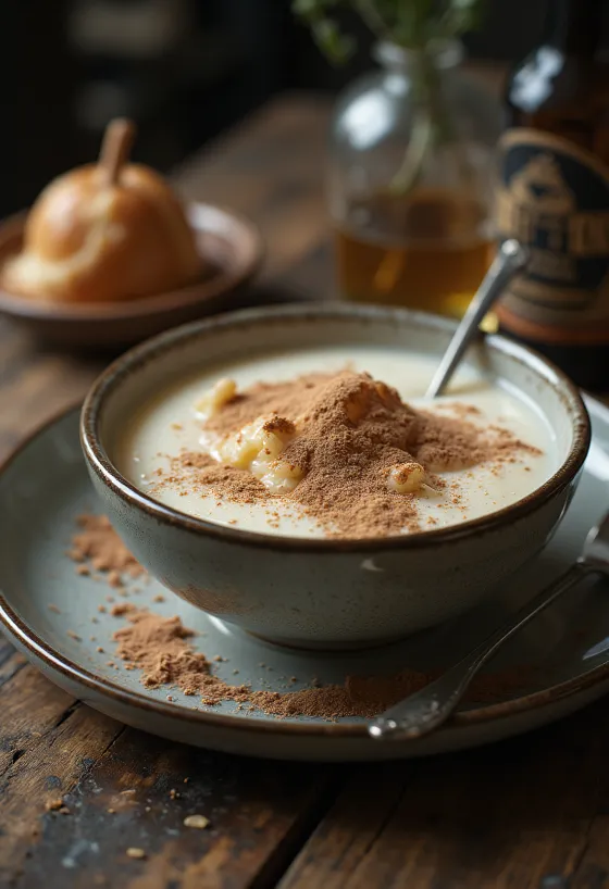 Κρεμώδης κρέμα σιμιγδαλιού πασπαλισμένη με κακάο, σερβιρισμένη με φρέσκα φρούτα